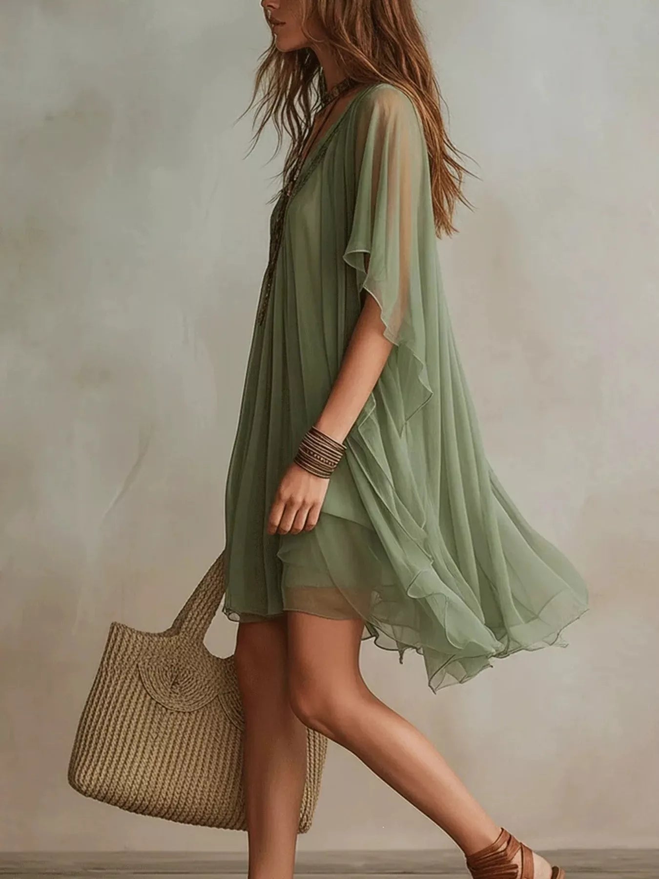 Green chiffon mini dress with lace V-neck and draped, sheer cape sleeves