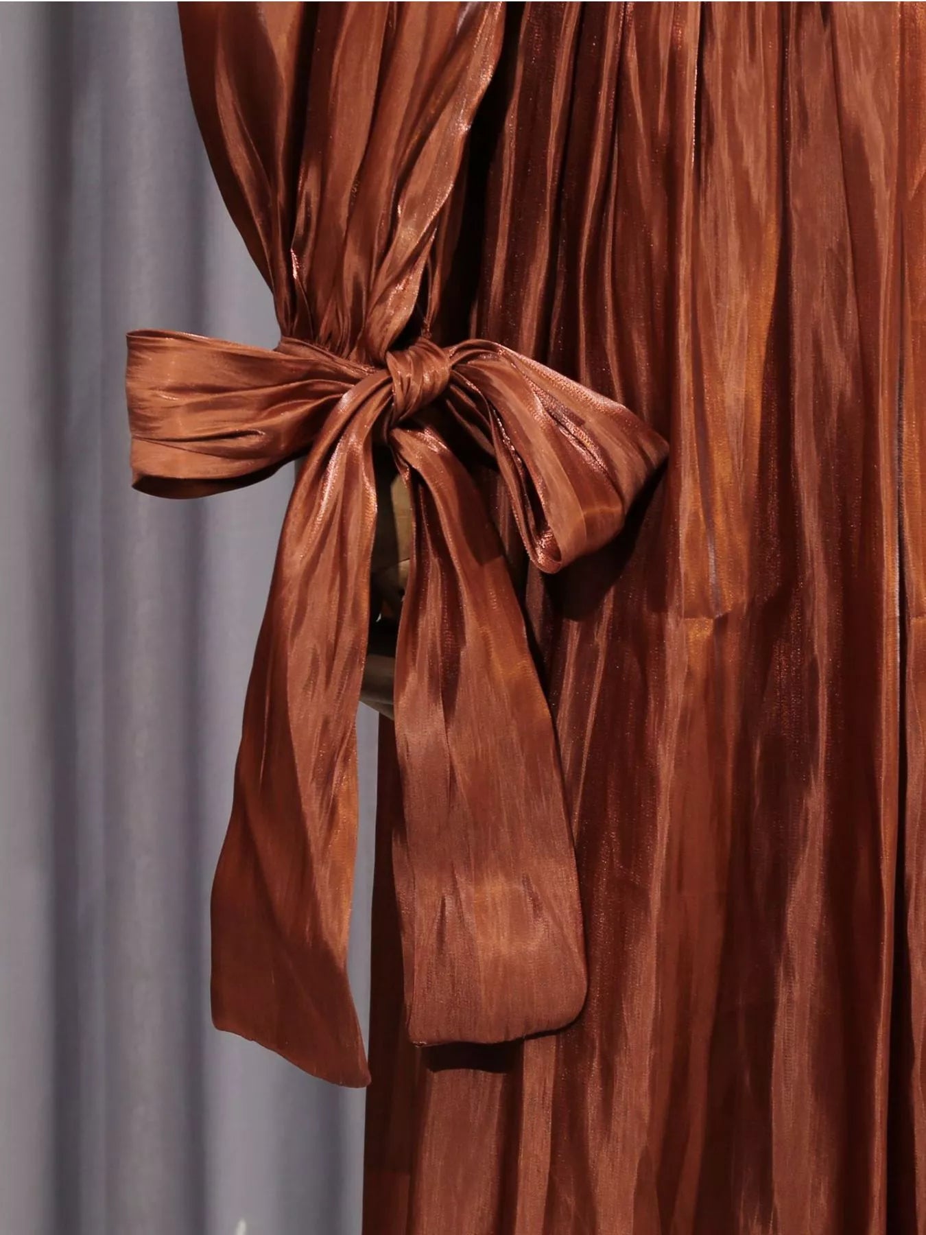 Cedar & Moore Front Twisted Draped Long Sleeve Maxi Dress, copper-brown satin with waist tie