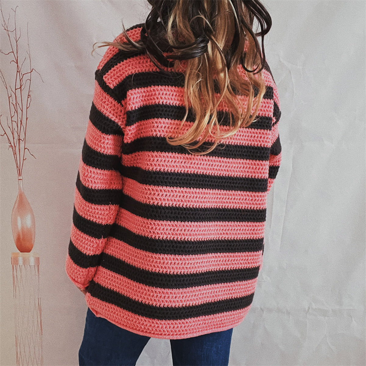 Striped long sleeve sweater, rose and black knit, crew neck, long sleeves