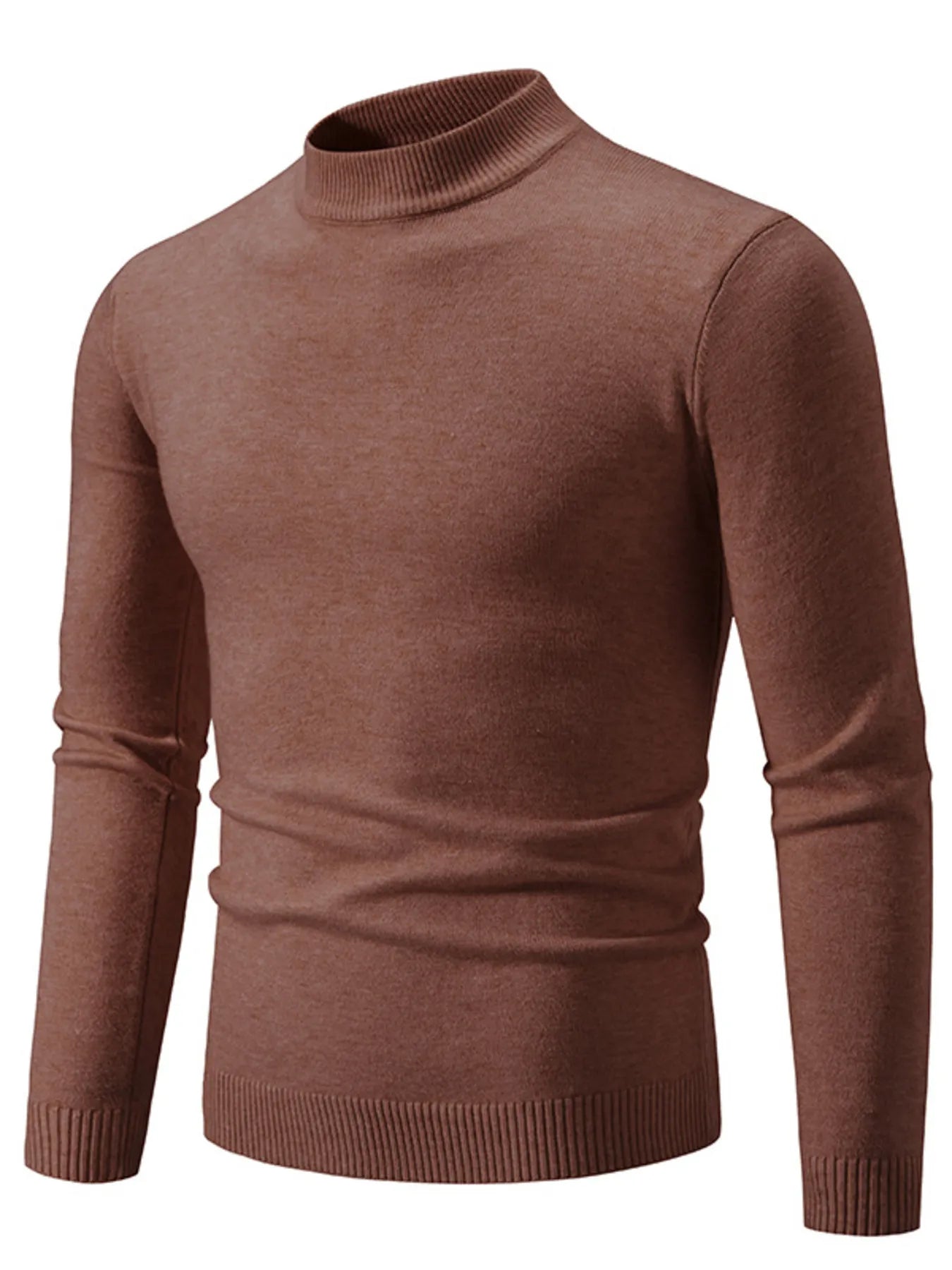 Brown mock neck long-sleeve sweater with ribbed hem and cuffs