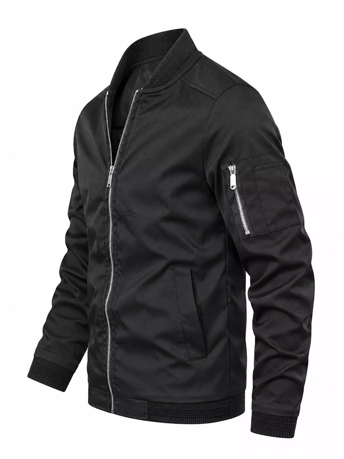 Men's lightweight black bomber jacket, side zip pocket, ribbed cuffs and hem