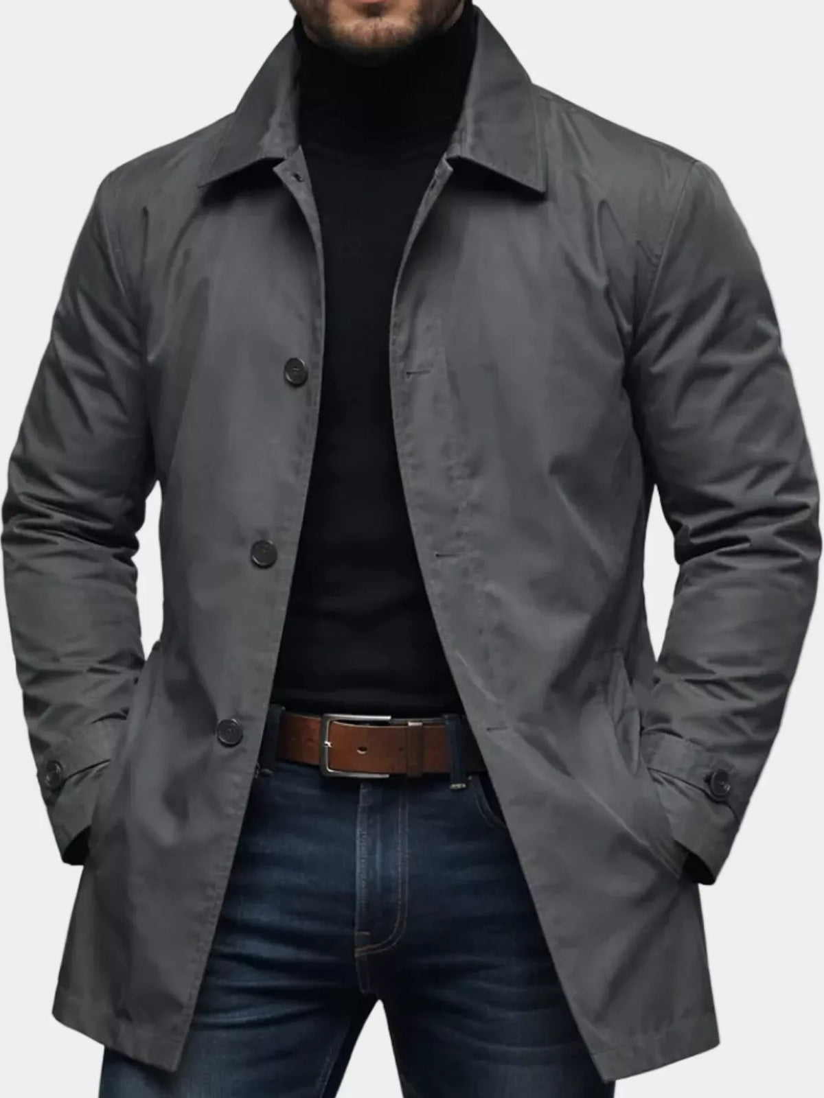 Men's gray single-breasted trench coat with notched collar and button placket