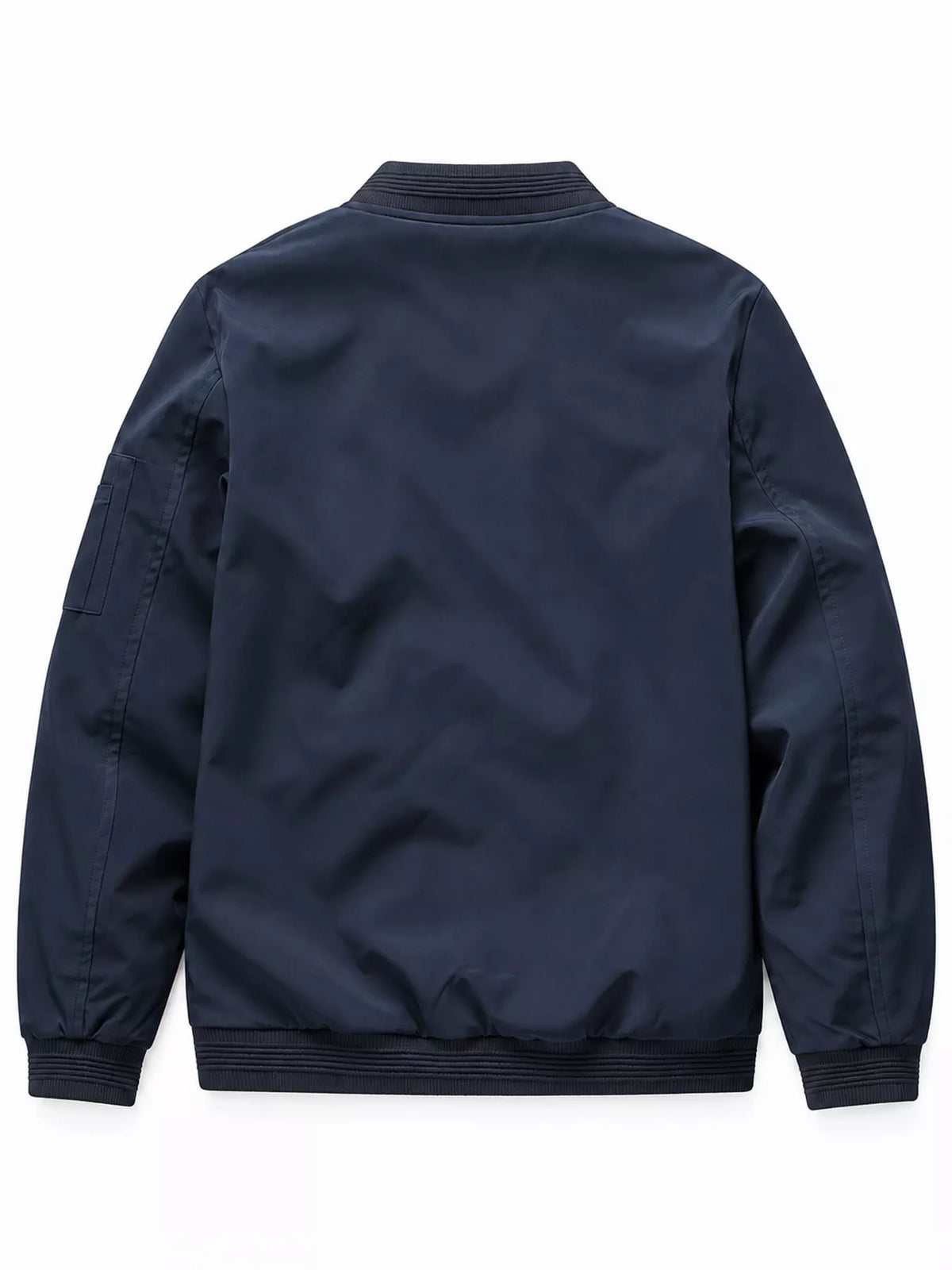 Lightweight men’s bomber jacket in dark blue, back view with ribbed collar and cuffs
