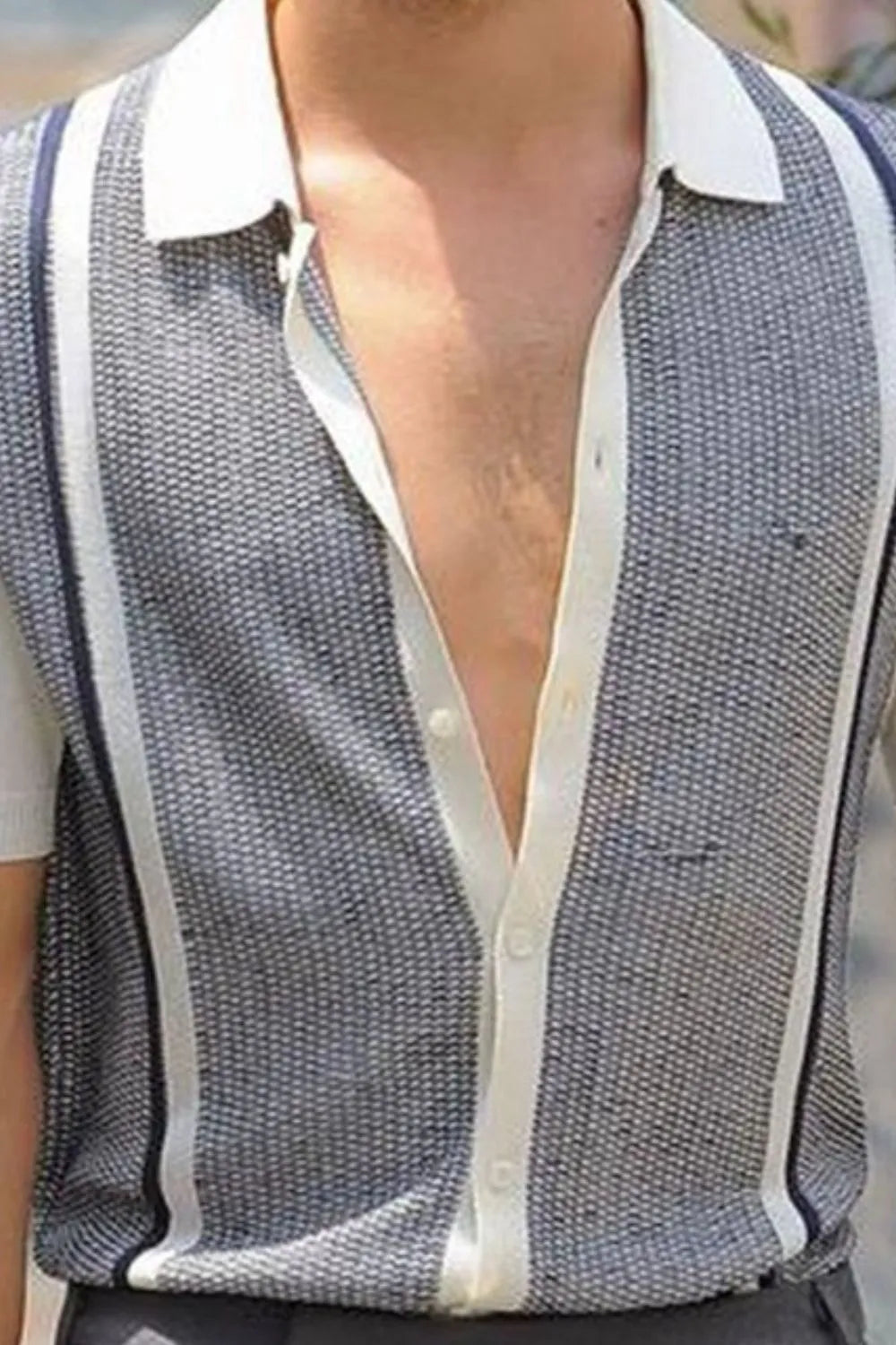 Men's plus size button-up short sleeve shirt, navy-and-white striped front with open collar