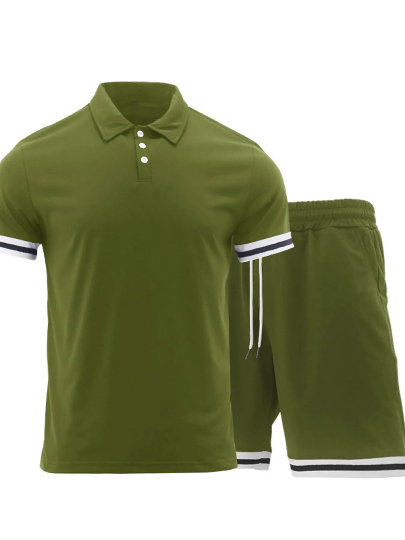 Men's army green polo and shorts set, striped cuffs and drawstring shorts.