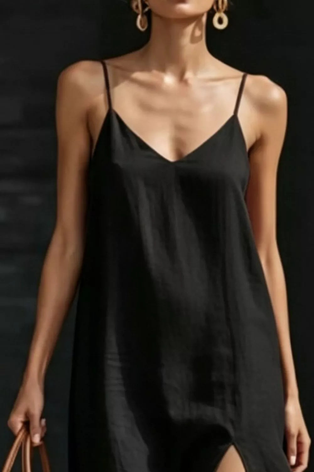 Cedar & Moore Slit V-Neck Maxi Dress, black spaghetti-strap silhouette