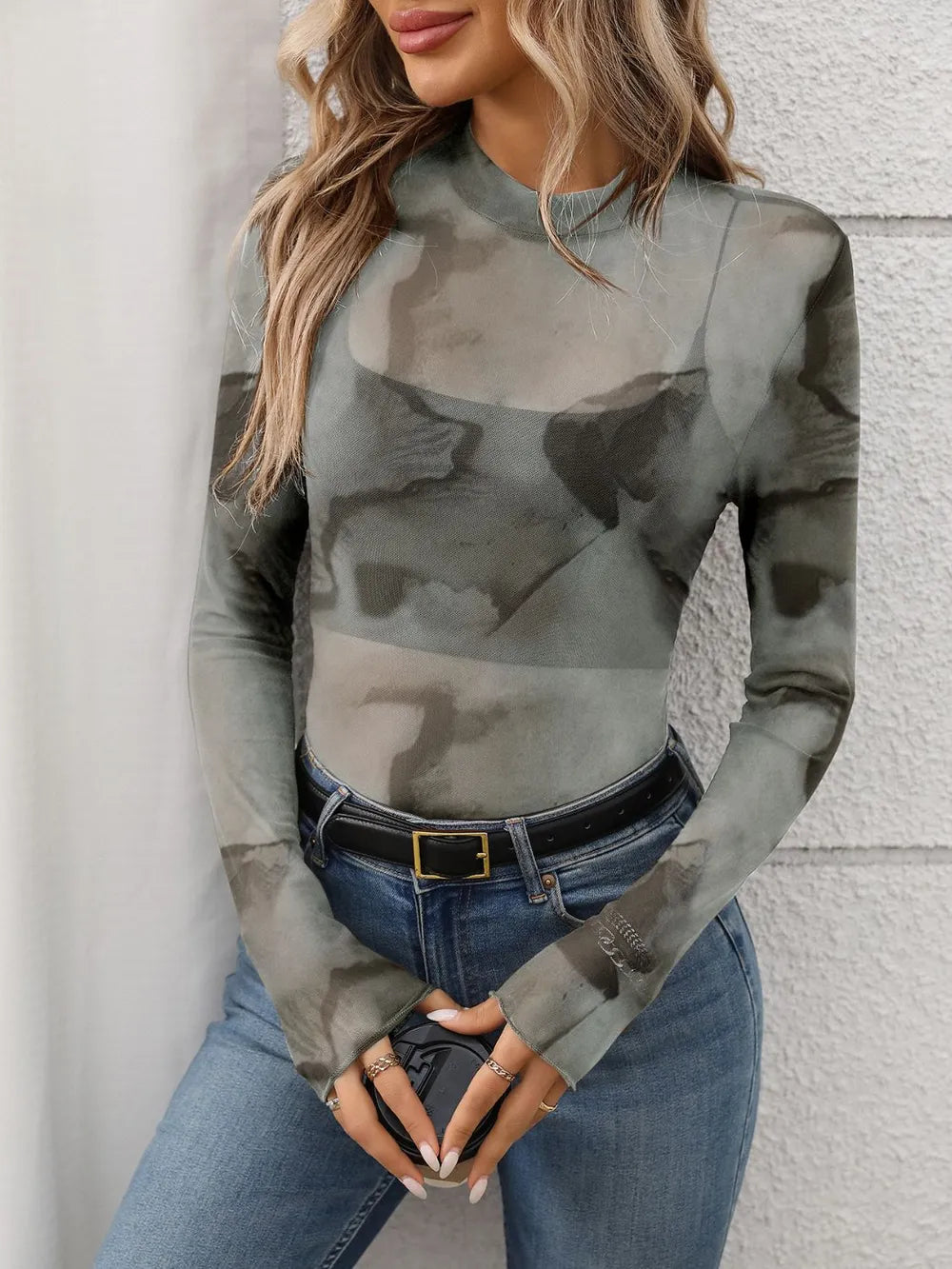 Printed mock neck long sleeve mesh T-shirt in muted ink-style pattern, gray-green.