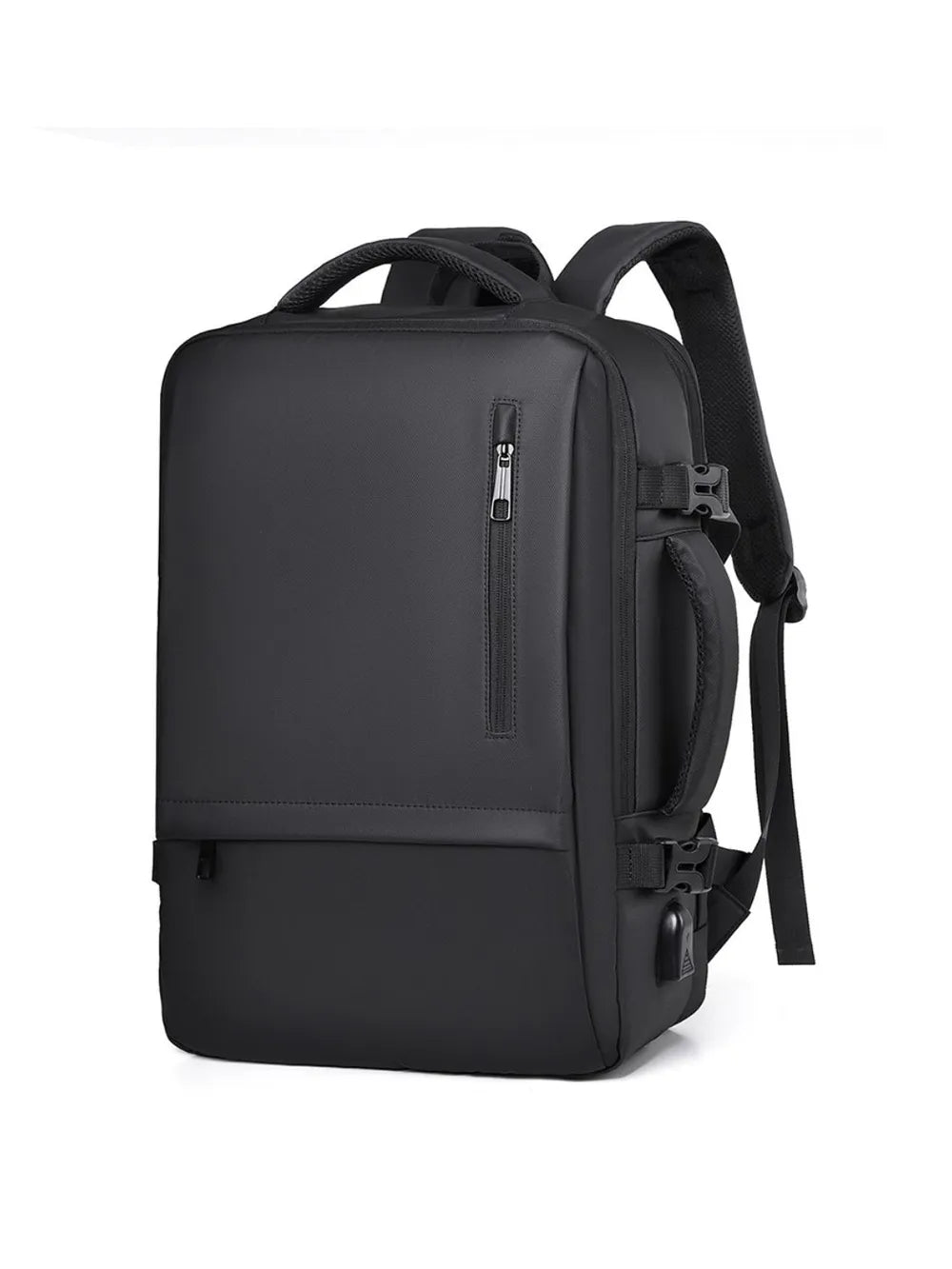 Black backpack with front vertical zipper and adjustable shoulder straps