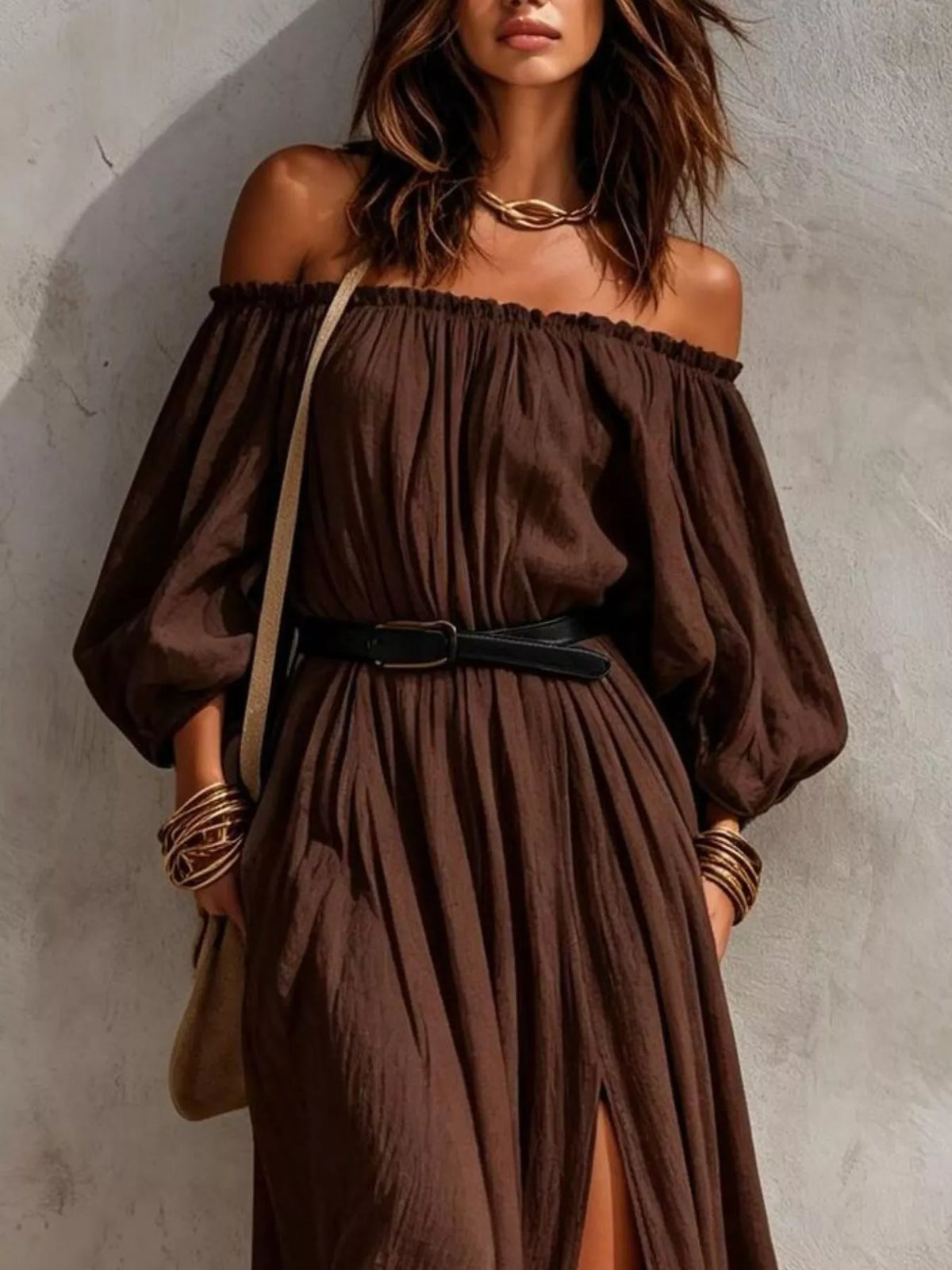 Dark brown off-shoulder belted maxi dress with puff sleeves and front slit