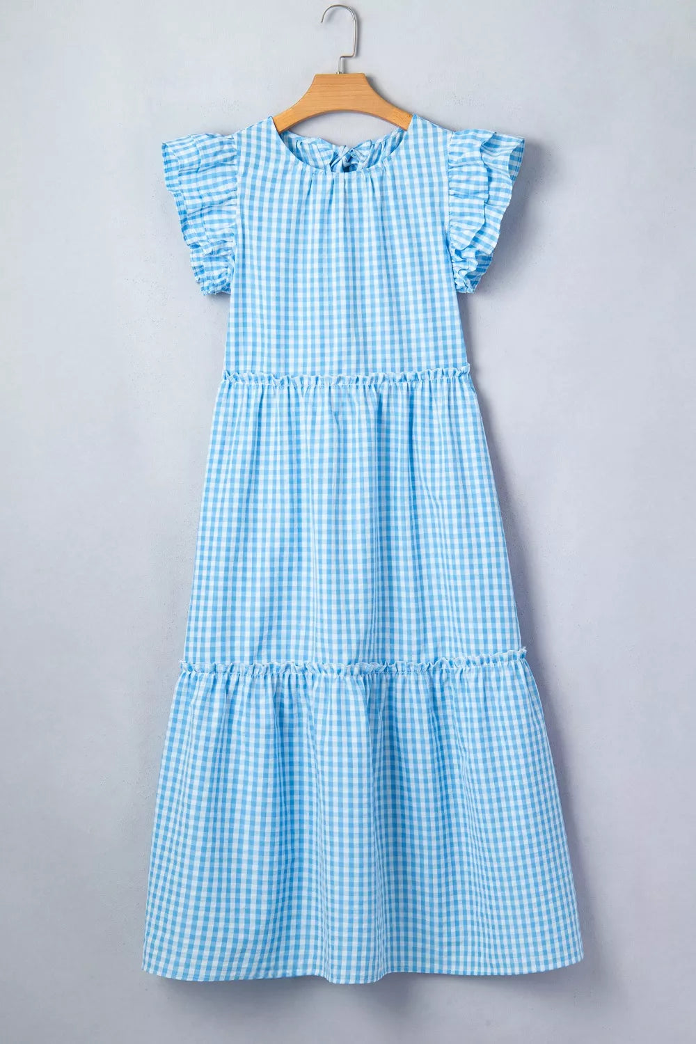 Cedar & Moore Knot Back Ruffled Short Sleeve Gingham Maxi Dress, tiered blue gingham, Trendsi
