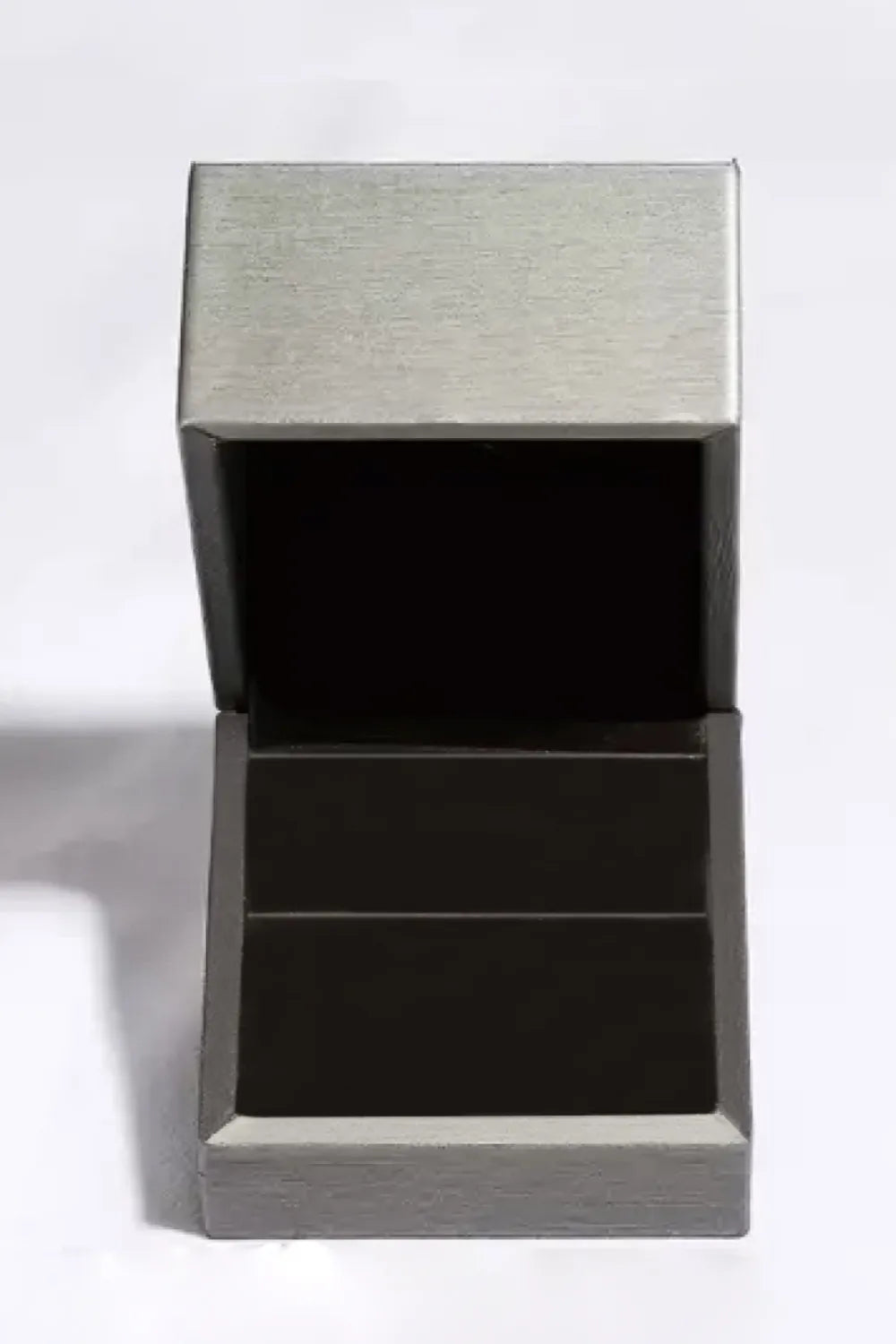 Jewelry gift box with open black interior and gray outer lid.