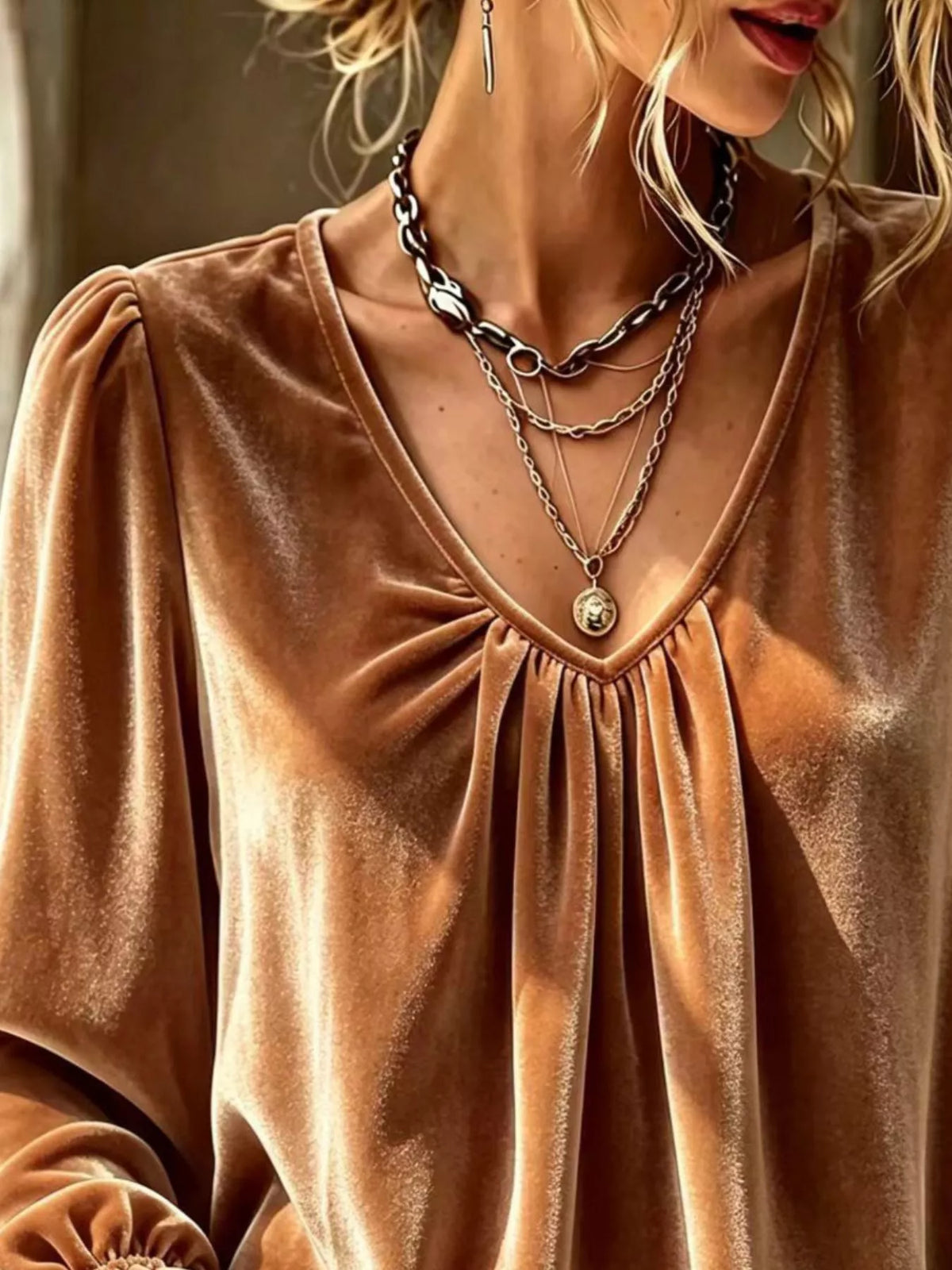 Caramel brown V-neck blouse with gathered center front and flowing sleeves