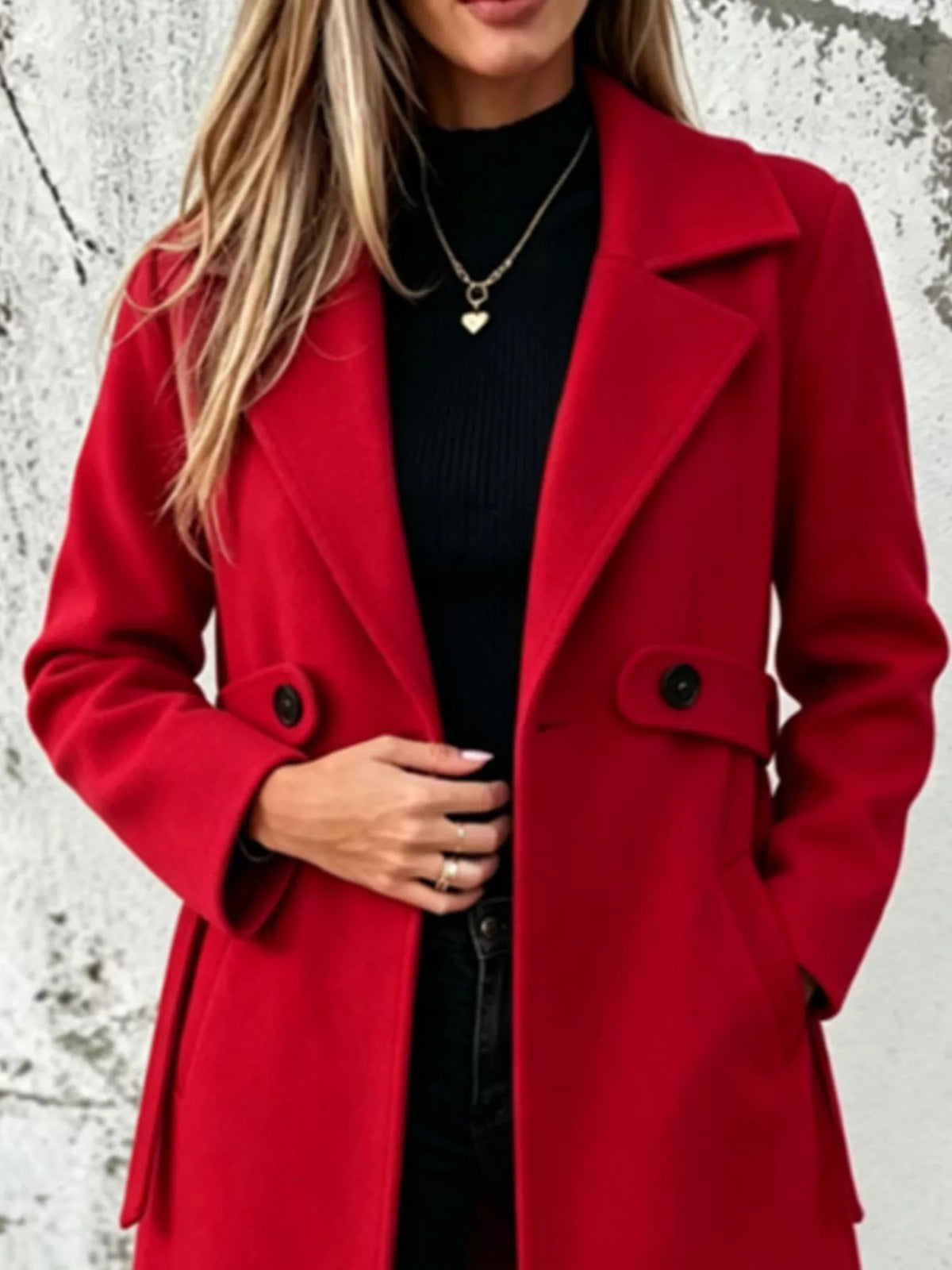 Red longline polyester coat with notched lapel and button-front closure