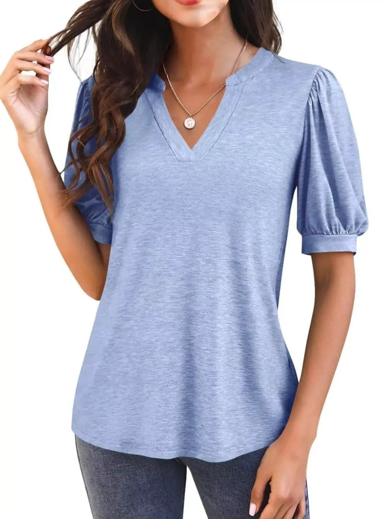 Cedar & Moore Puff Sleeve Notched Casual T-Shirt in light blue
