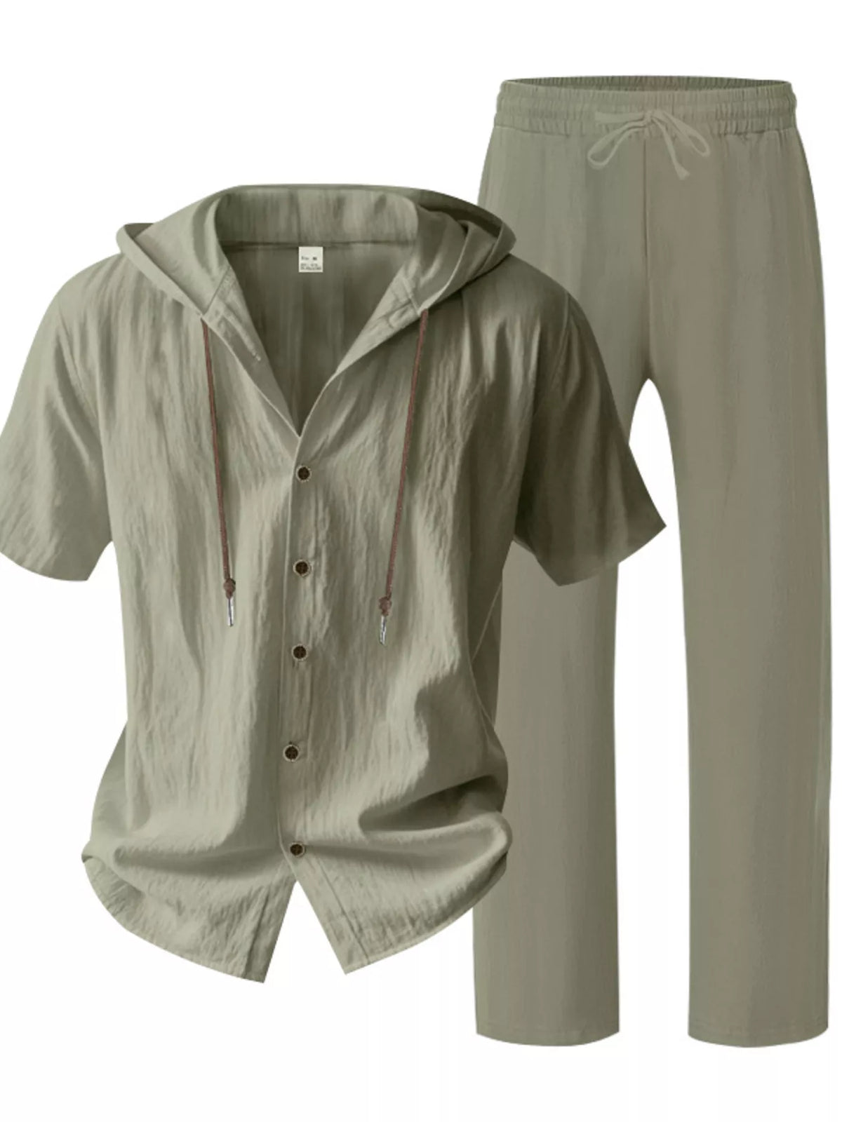 Mens linen hooded button-up short-sleeve top and pants set, army green studio set