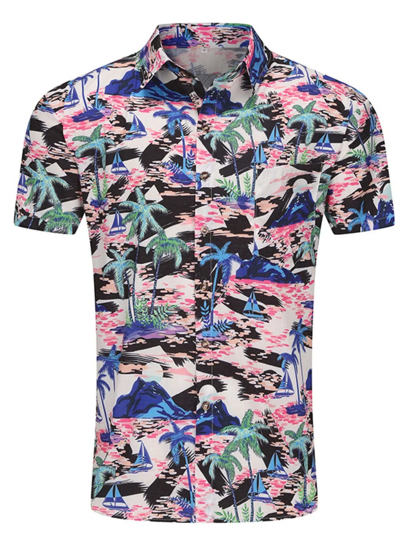 Men's button-up shirt with multicolor tropical scene print, black base, short sleeves.