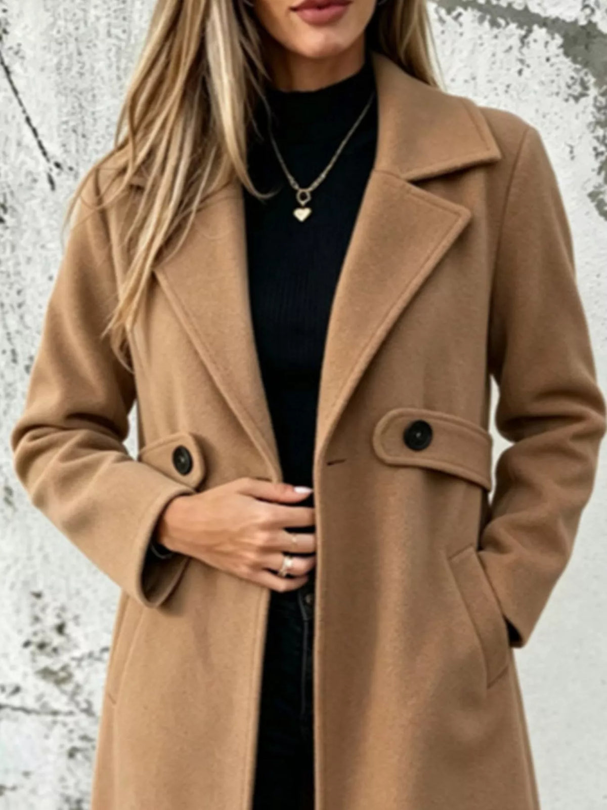 Tan longline polyester coat with notched lapel and button flap pockets