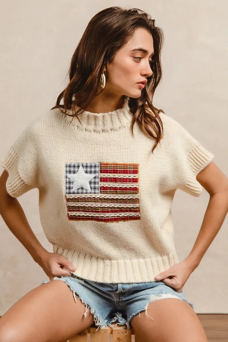 Oatmeal knit short-sleeve drop-shoulder sweater with American flag patch on chest
