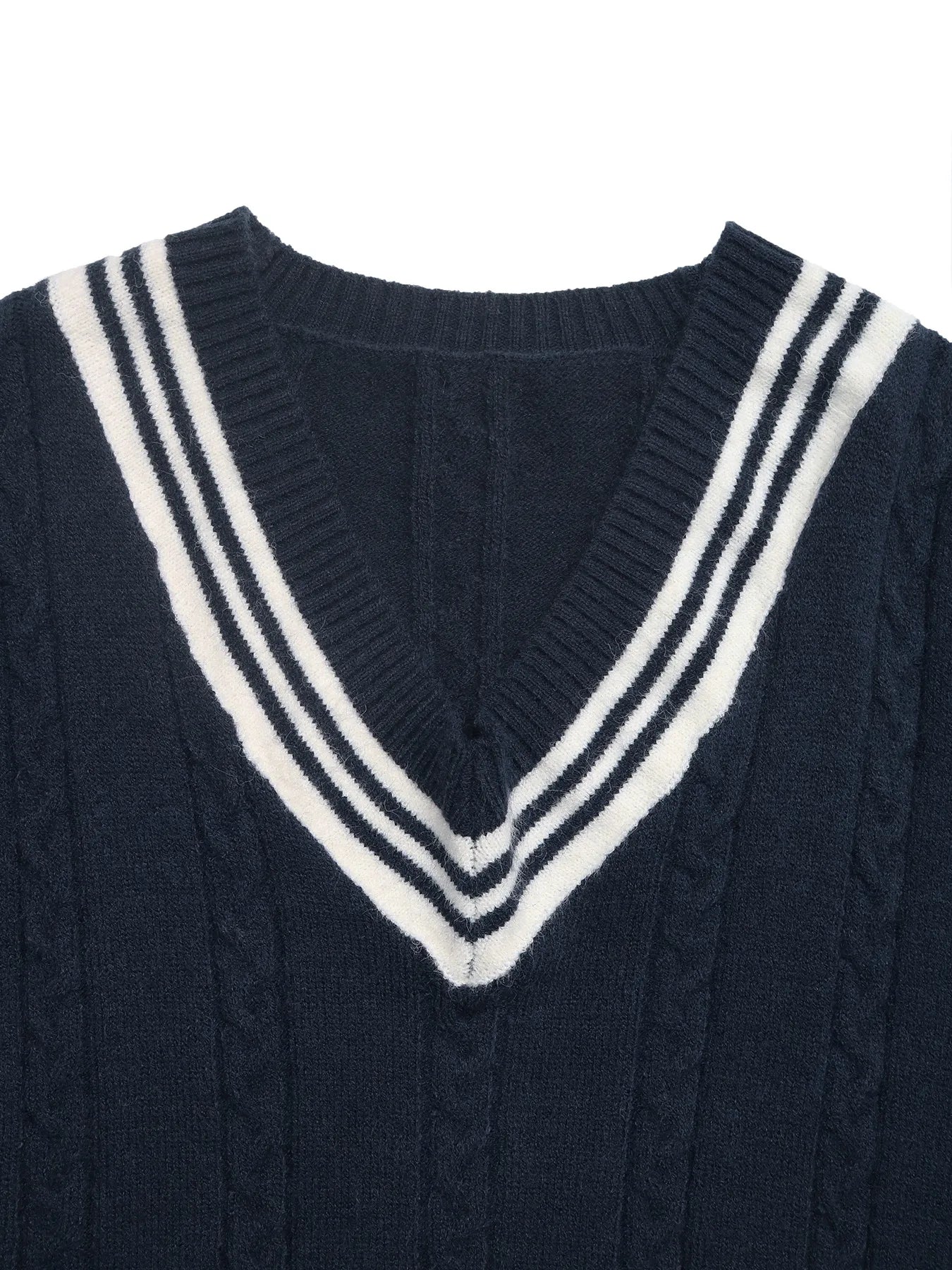 Dark blue V-neck sweater with contrast striped V-shaped collar