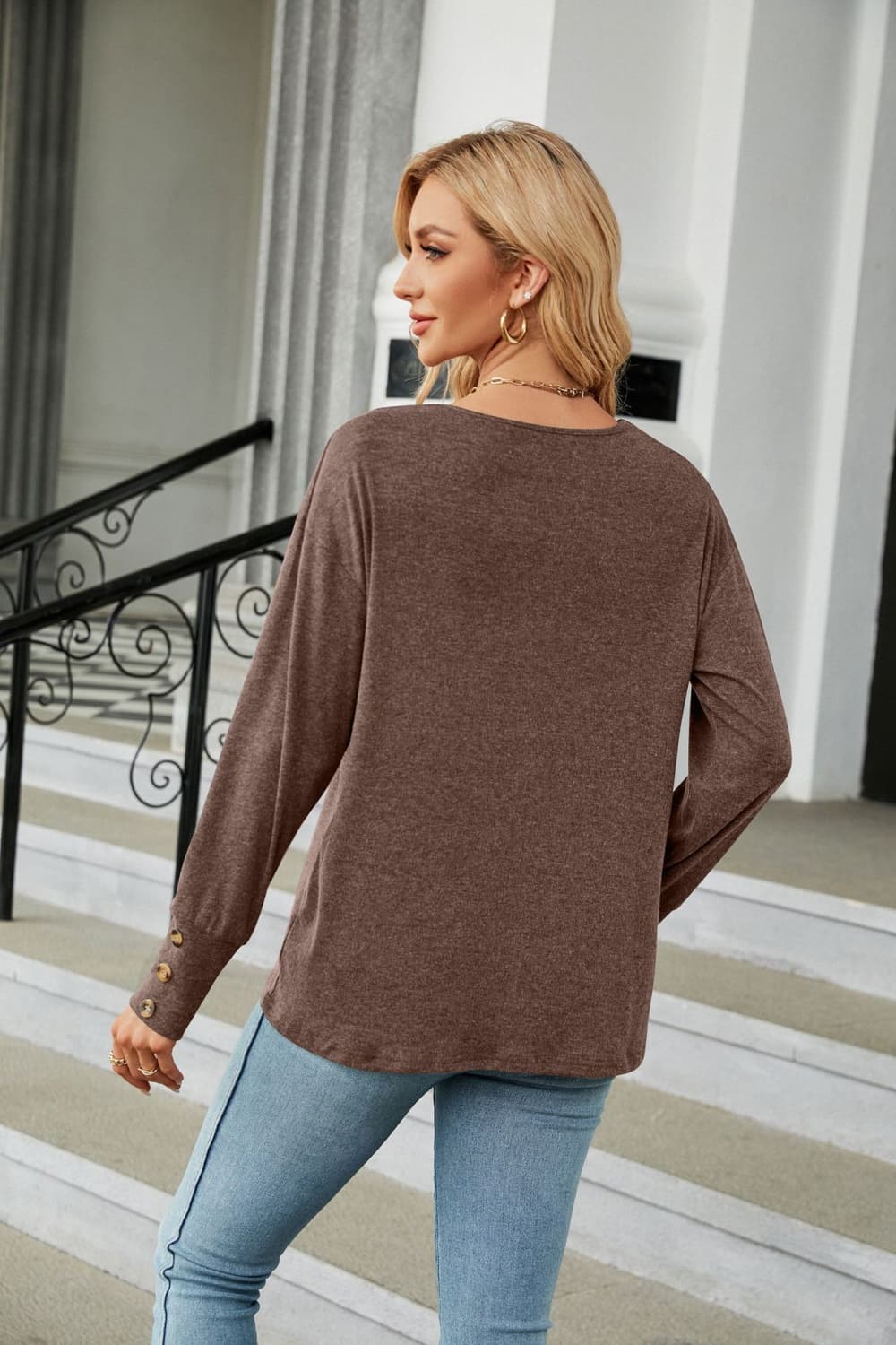 Cedar & Moore V-Neck Long Sleeve T-Shirt, brown heather knit top