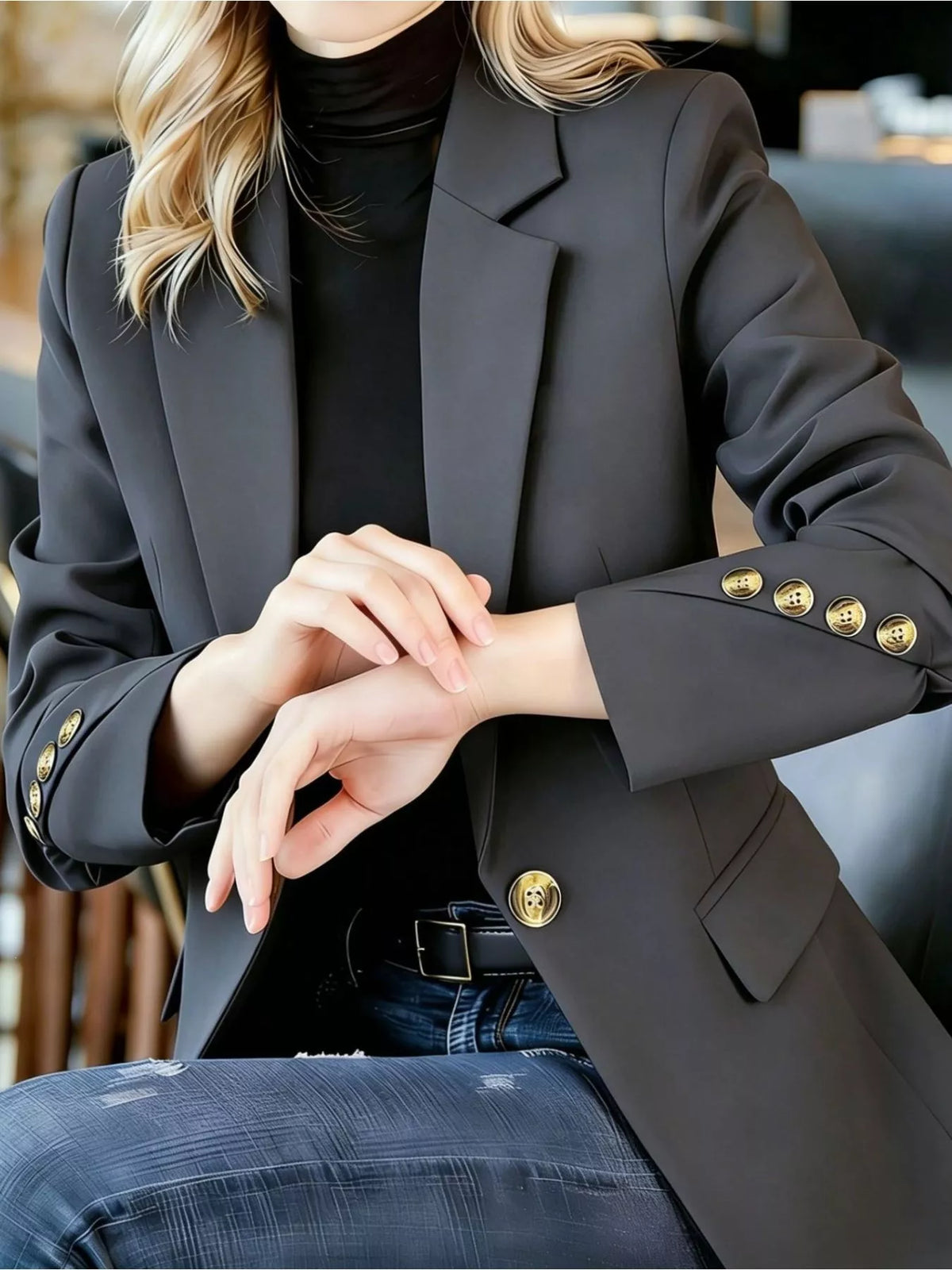 One-button lapel blazer in dark gray with gold-button cuffs and front closure