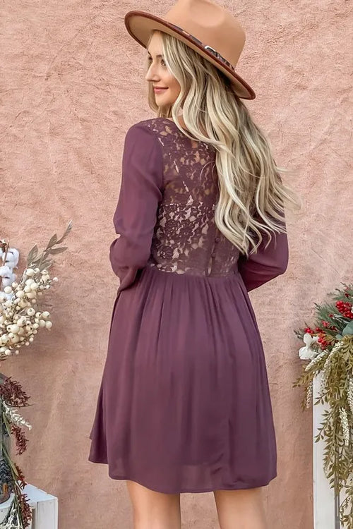 Purple bell-sleeve dress with lace back yoke and gathered waist