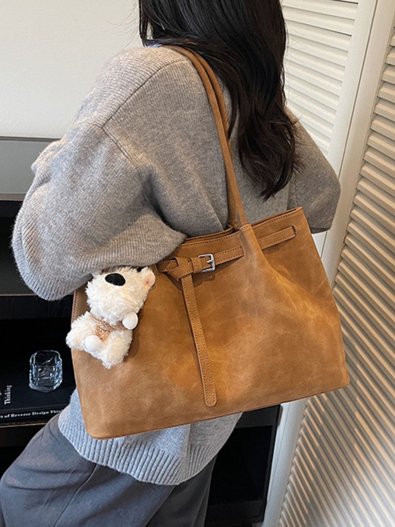 Buckle Detail Shoulder Bag, tan PU, medium size with buckle strap
