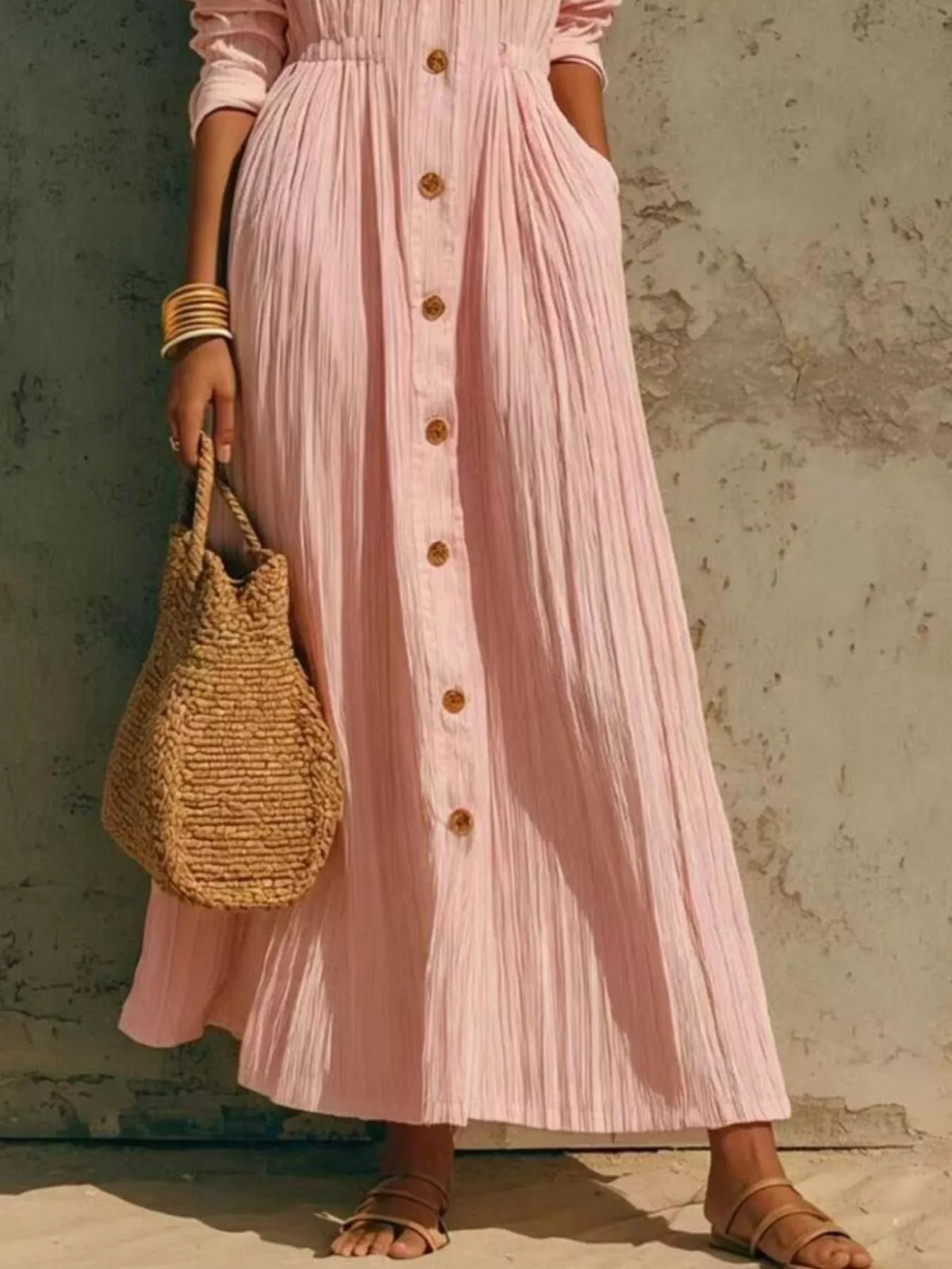Dusty pink button-front maxi shirt dress, long sleeves, pleated gathered waist