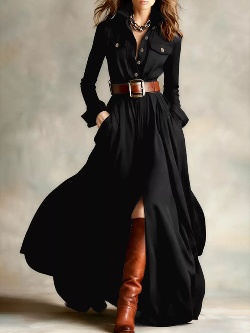 Black button-front long sleeve maxi dress with gathered skirt and chest pockets