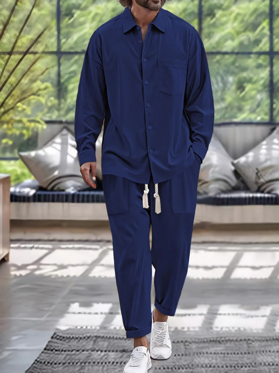 Navy button-down shirt and pants set, chest pocket, drawstring waistband