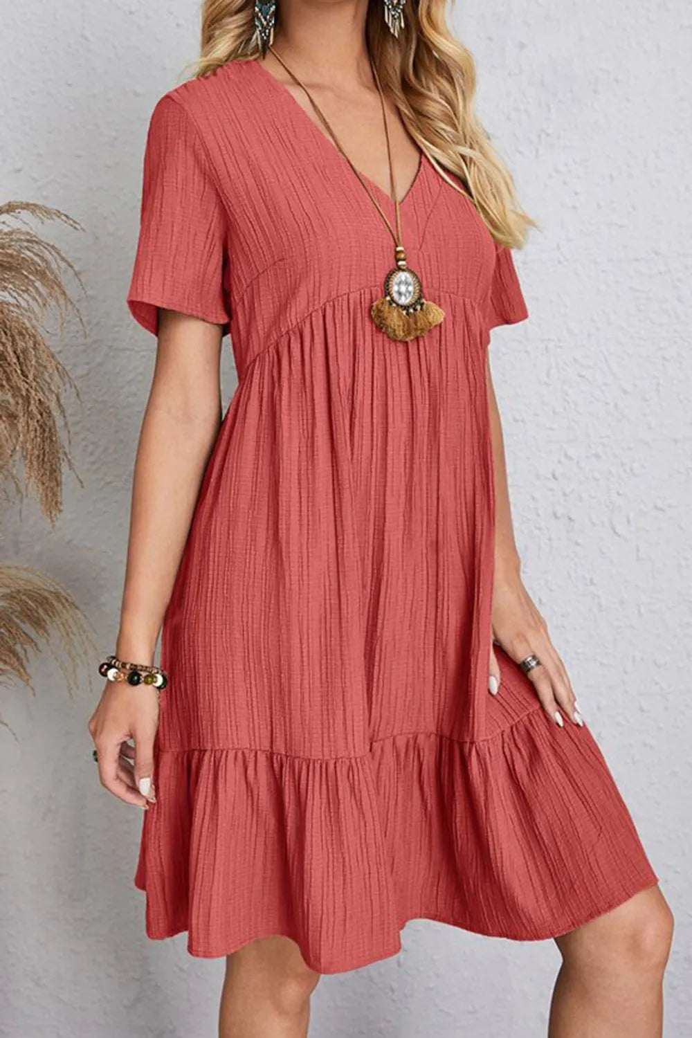 Coral ruched V-neck short-sleeve tiered dress with gathered waist