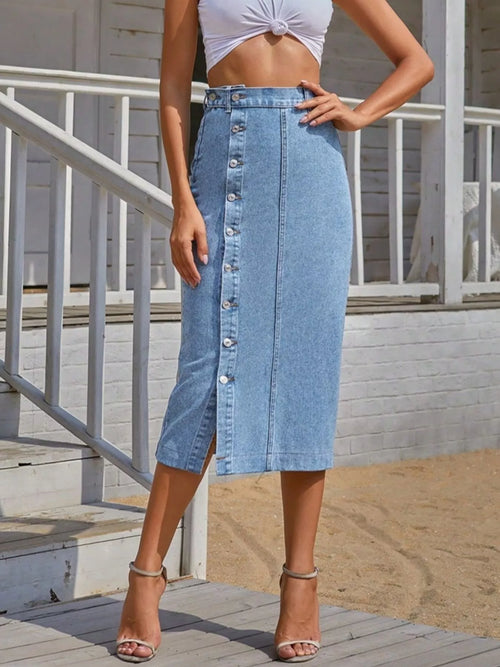 Medium blue denim midi skirt with front buttons and side slit