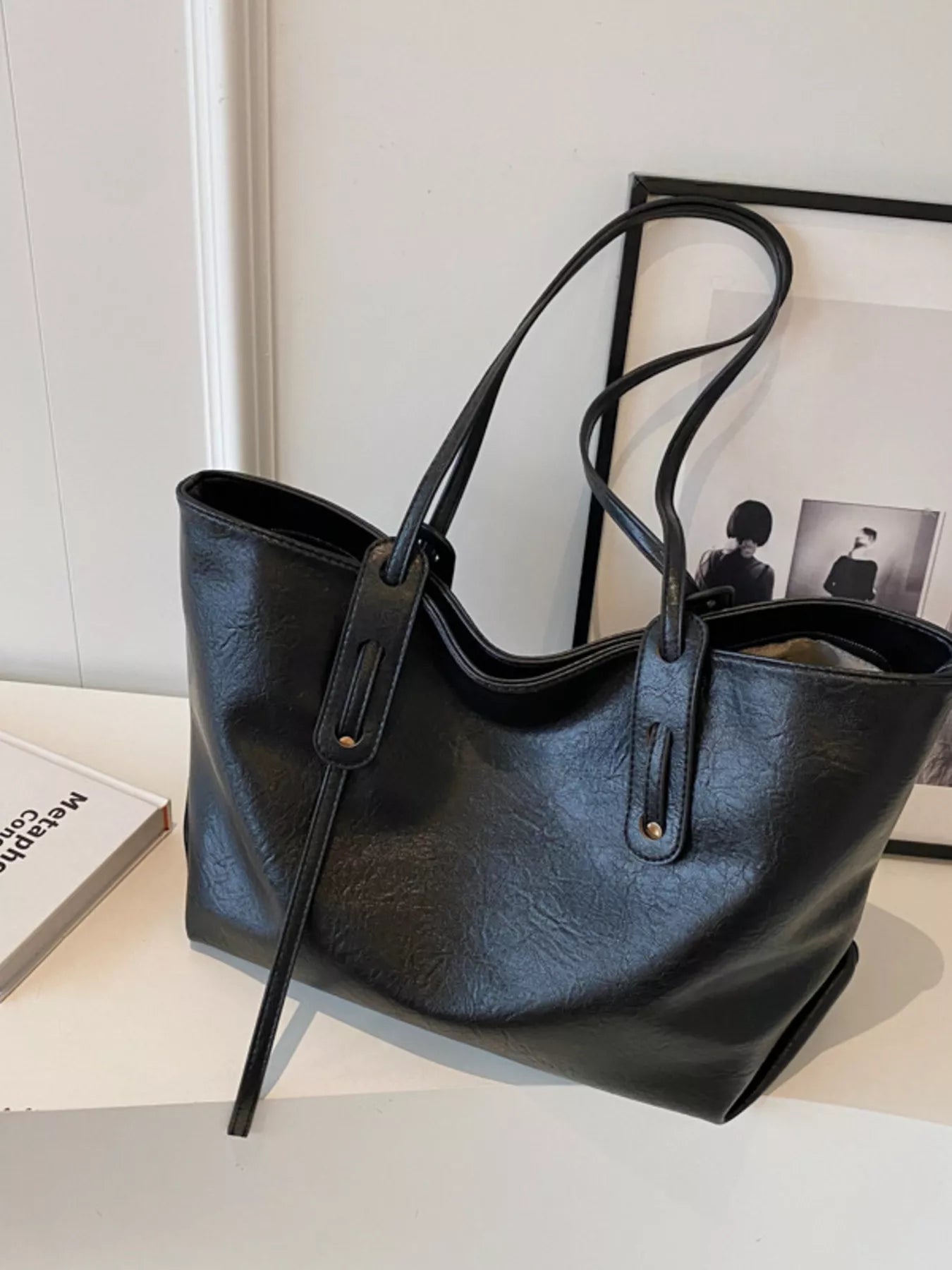 PU Leather Shoulder Bag, large black tote with dual top handles.