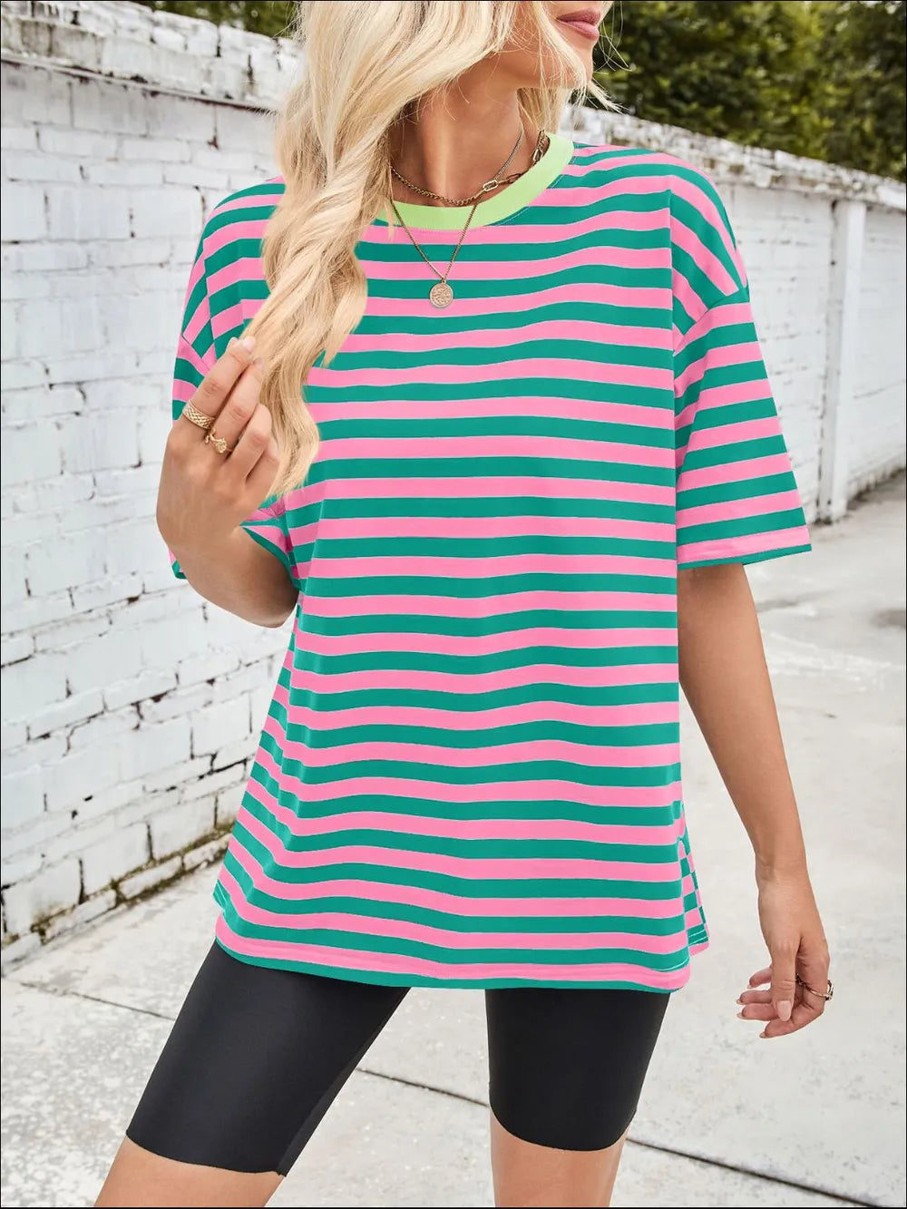 Green striped round-neck T-shirt with pink half sleeves