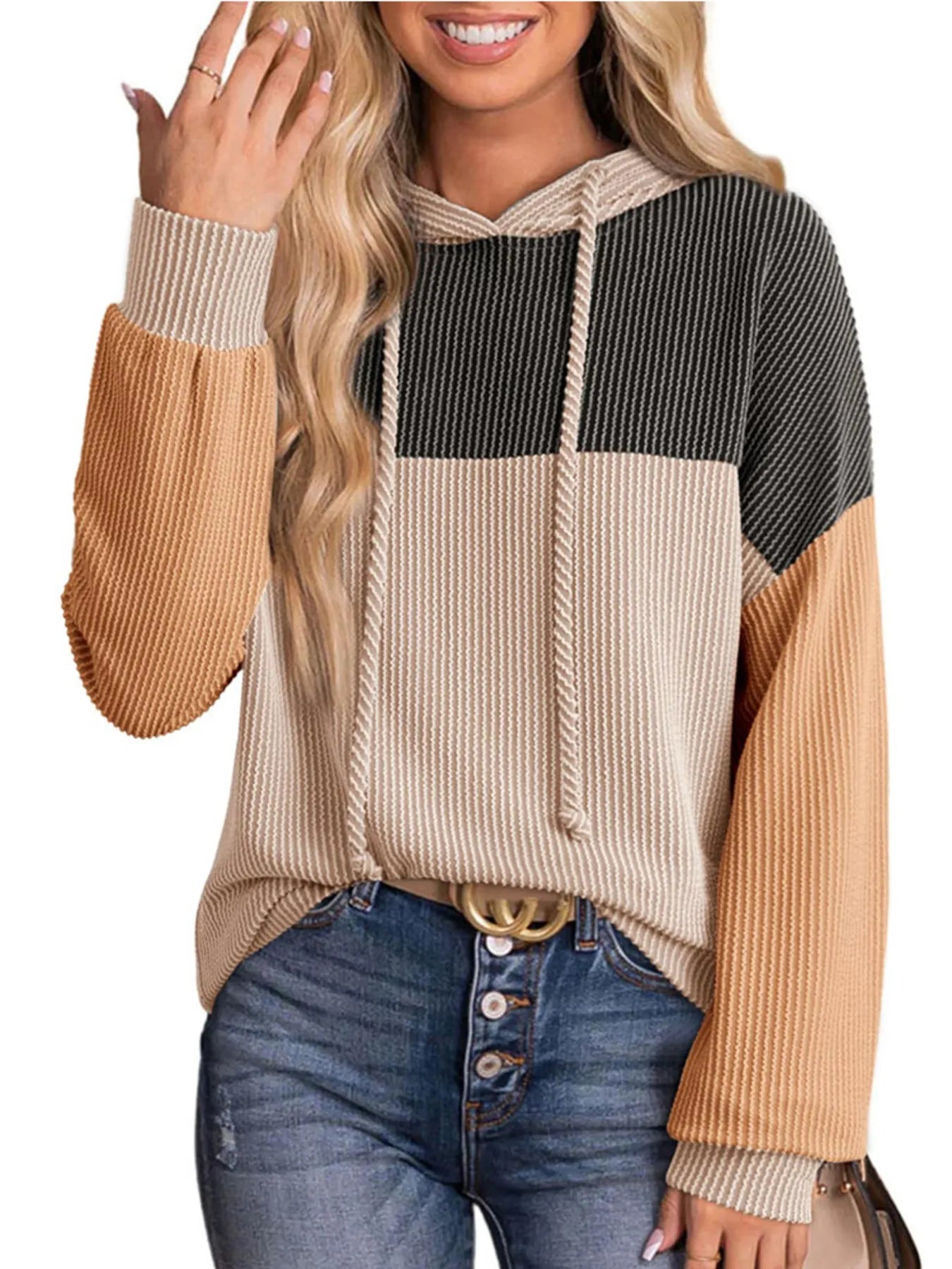Color-block long-sleeve hoodie with hood and drawstring, dark charcoal top, cream body, tan sleeves
