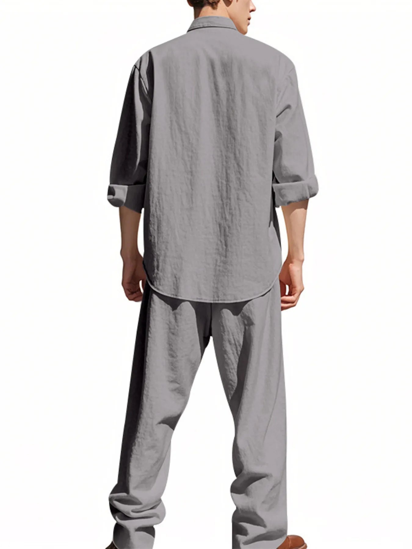 Men's grey button-up shirt and matching pants set, back view, long sleeves
