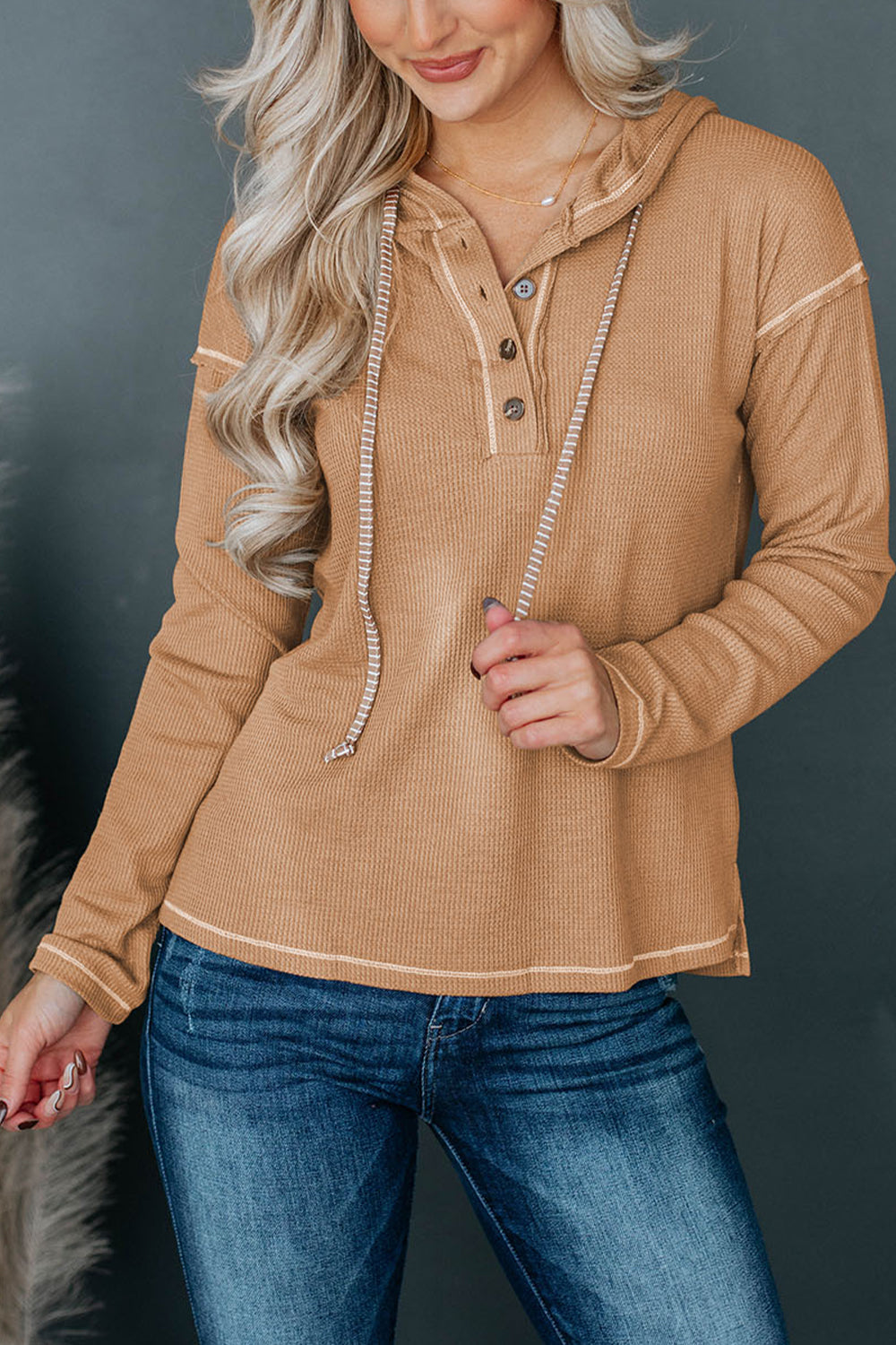 Khaki dropped-shoulder buttoned hoodie with drawstring hood and long sleeves
