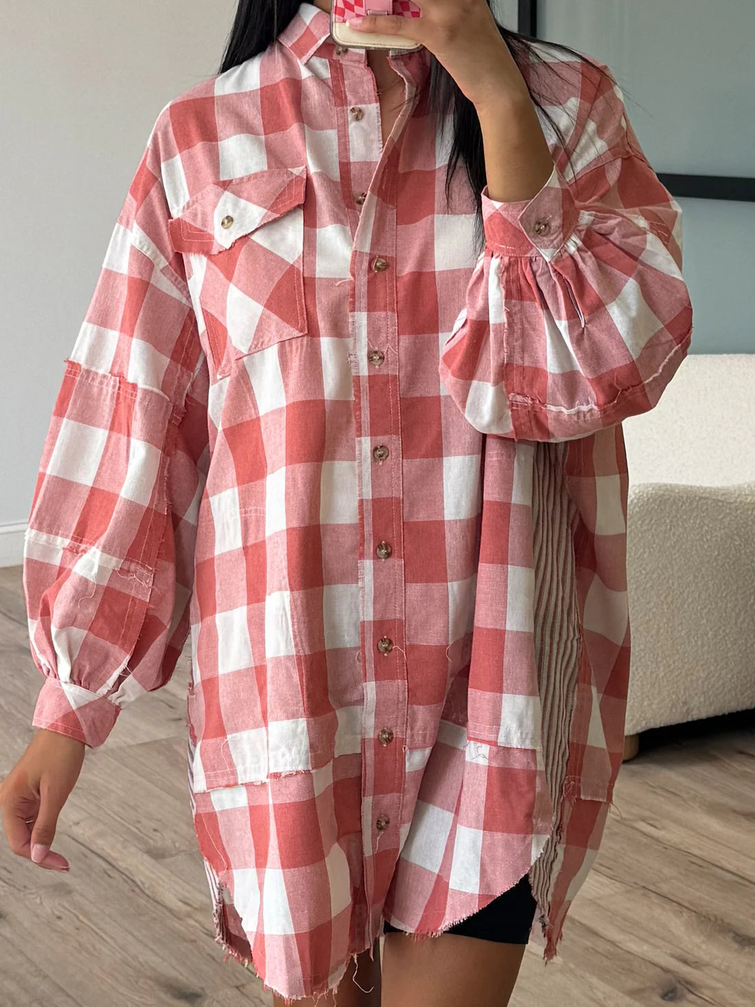 Strawberry plaid shirt dress with button front, pointed collar and ruched sleeve cuffs