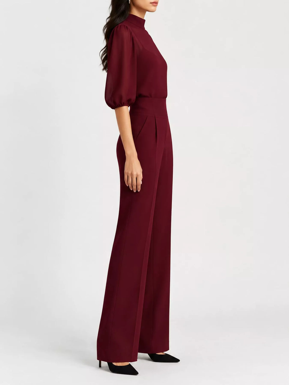 Burgundy mock neck sheer puff-sleeve top with wide-leg pants set, side view