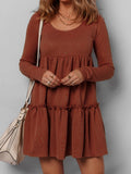 Frill tiered long-sleeve mini dress in rust ribbed knit by Trendsi