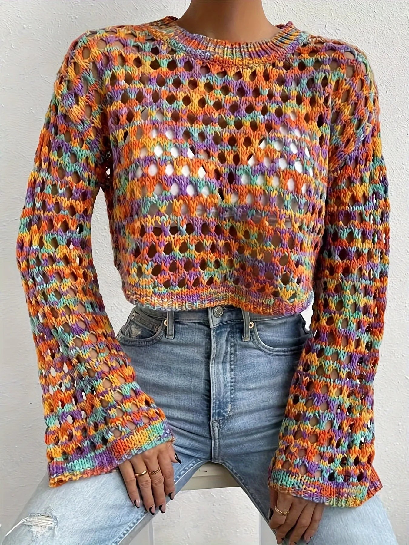 Multicolor crochet cropped sweater, long sleeves, patterned hollow knit