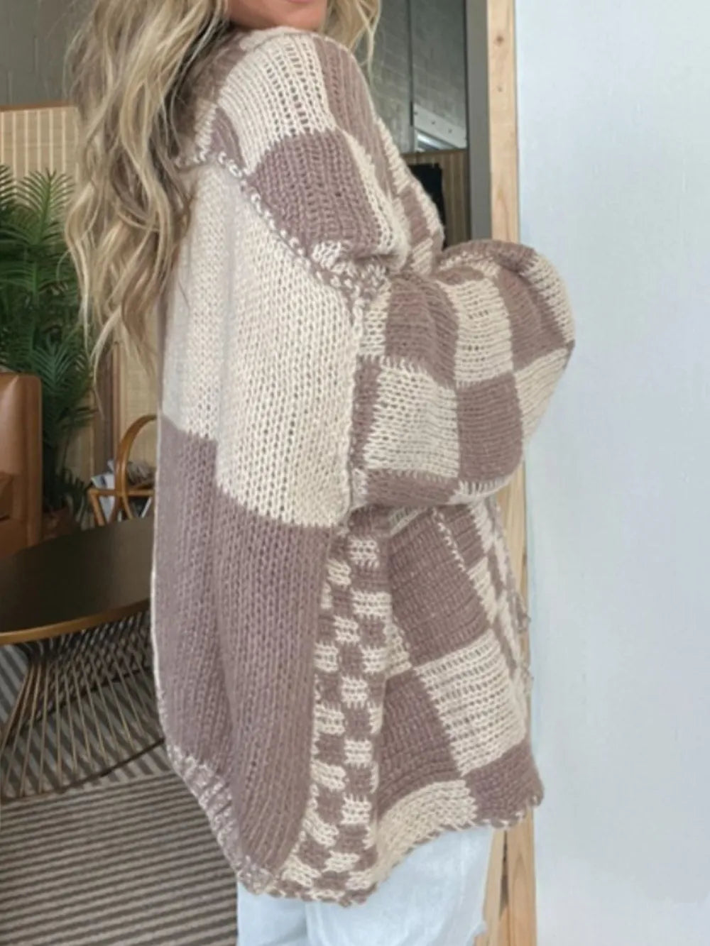 Plaid open-front long sleeve cardigan in cream and mocha knit, side view