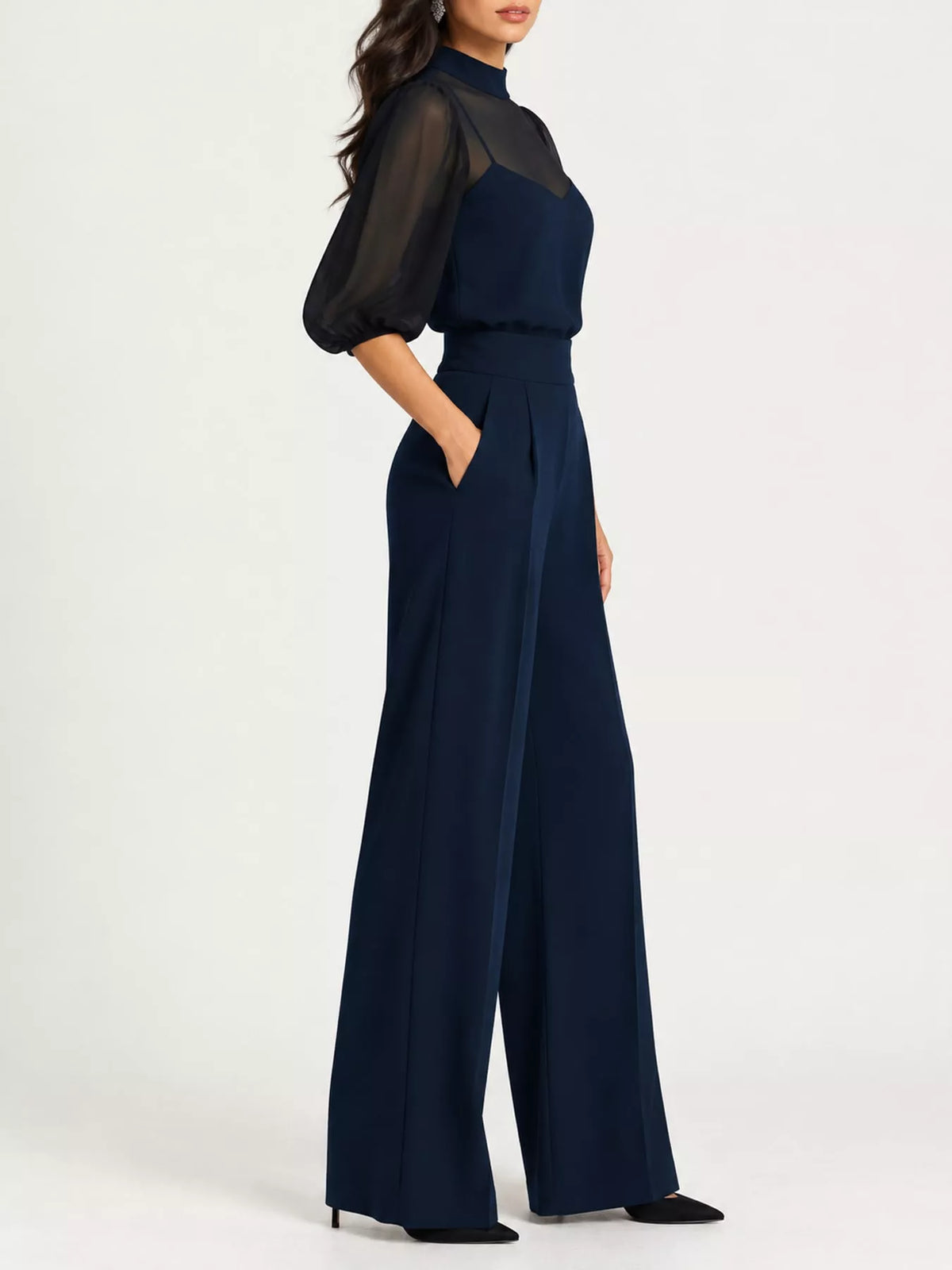 Navy mock-neck sheer puff-sleeve top and high-waist wide-leg pants set