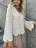 White crochet lace V-neck bell sleeve knit top with scalloped hem