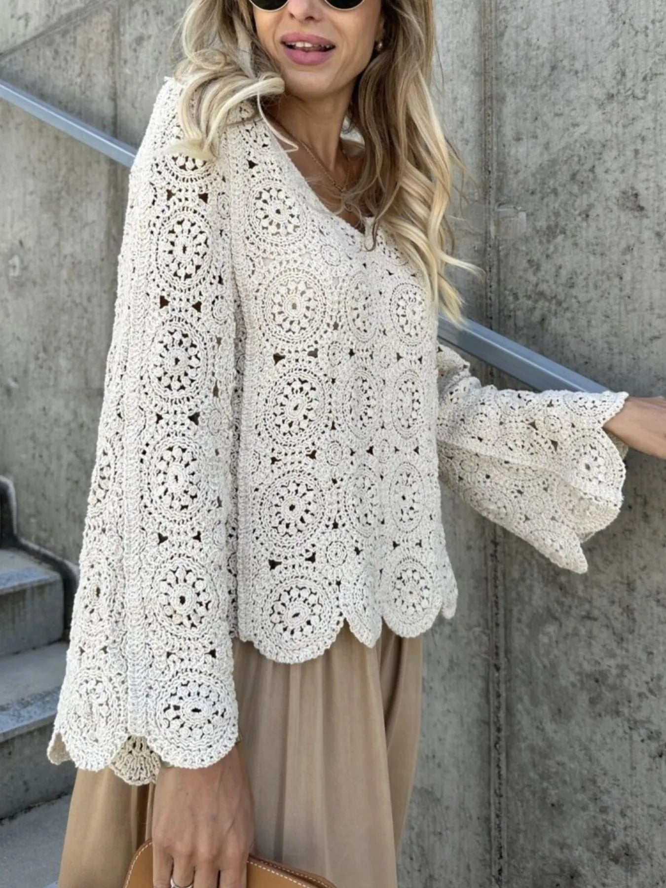 White crochet lace V-neck bell sleeve knit top with scalloped hem