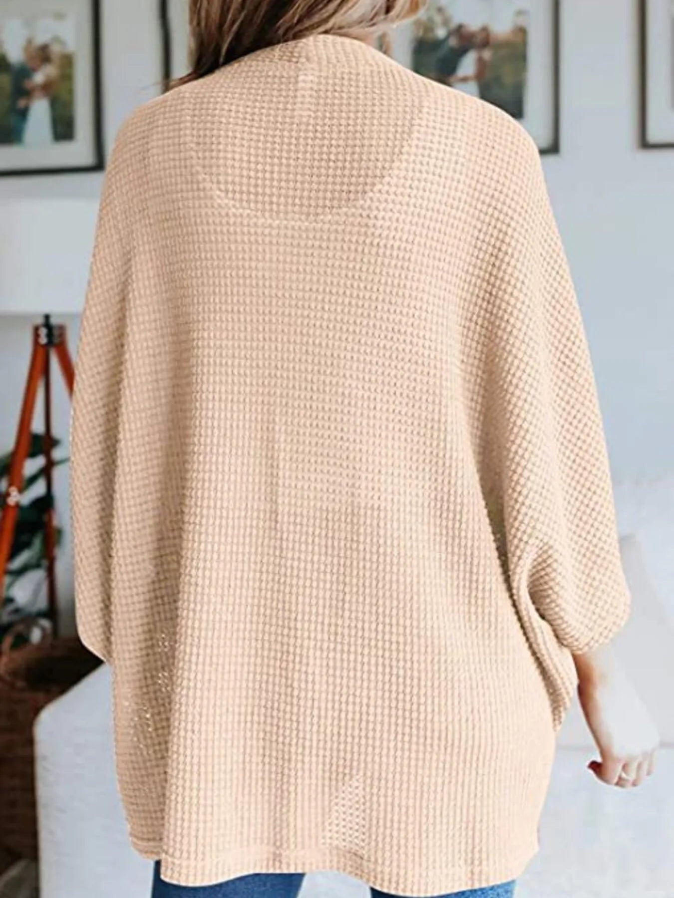 Plus size waffle knit open-front cardigan, light beige, back view with wide sleeves