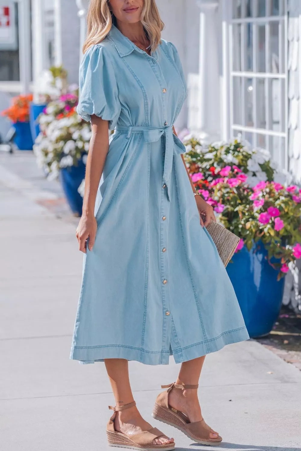 Cedar & Moore denim shirt dress with button front, collared neck, belted waist, puff sleeves, midi length