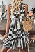 Black striped sleeveless mini dress with round neck and tiered skirt