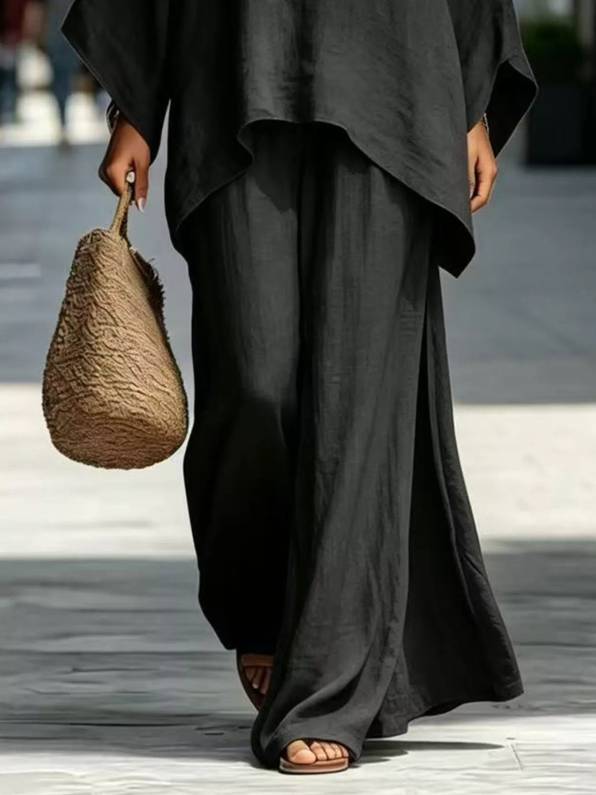 Two-piece batwing top and wide-leg pants set, black flowing wide-leg pants