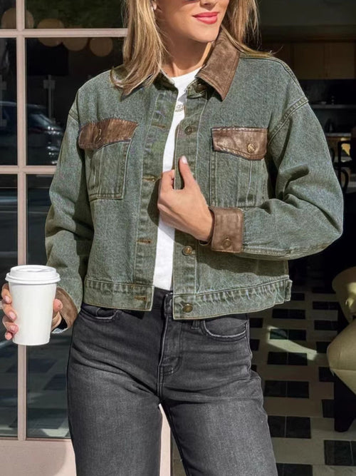 Denim jacket with brown chest pockets and button front